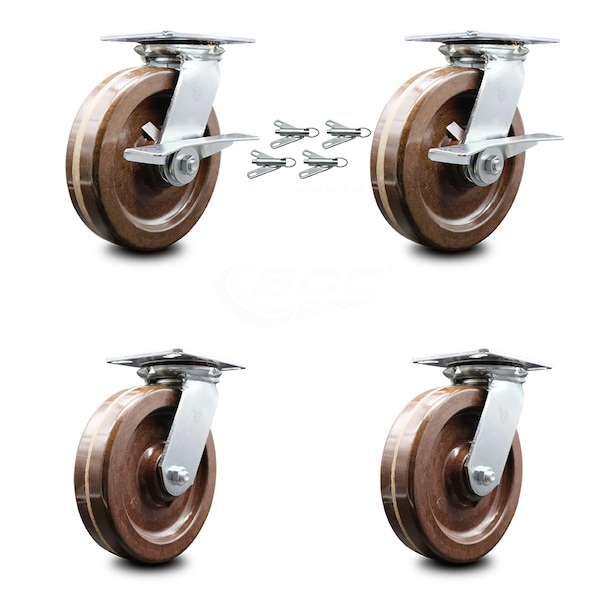 Service Caster 8 Inch High Temp Phenolic Caster Set with Roller Bearing 4 Swivel Lock 2 Brake SCC-35S820-PHRHT-SLB-BSL-2-BSL-2 - main